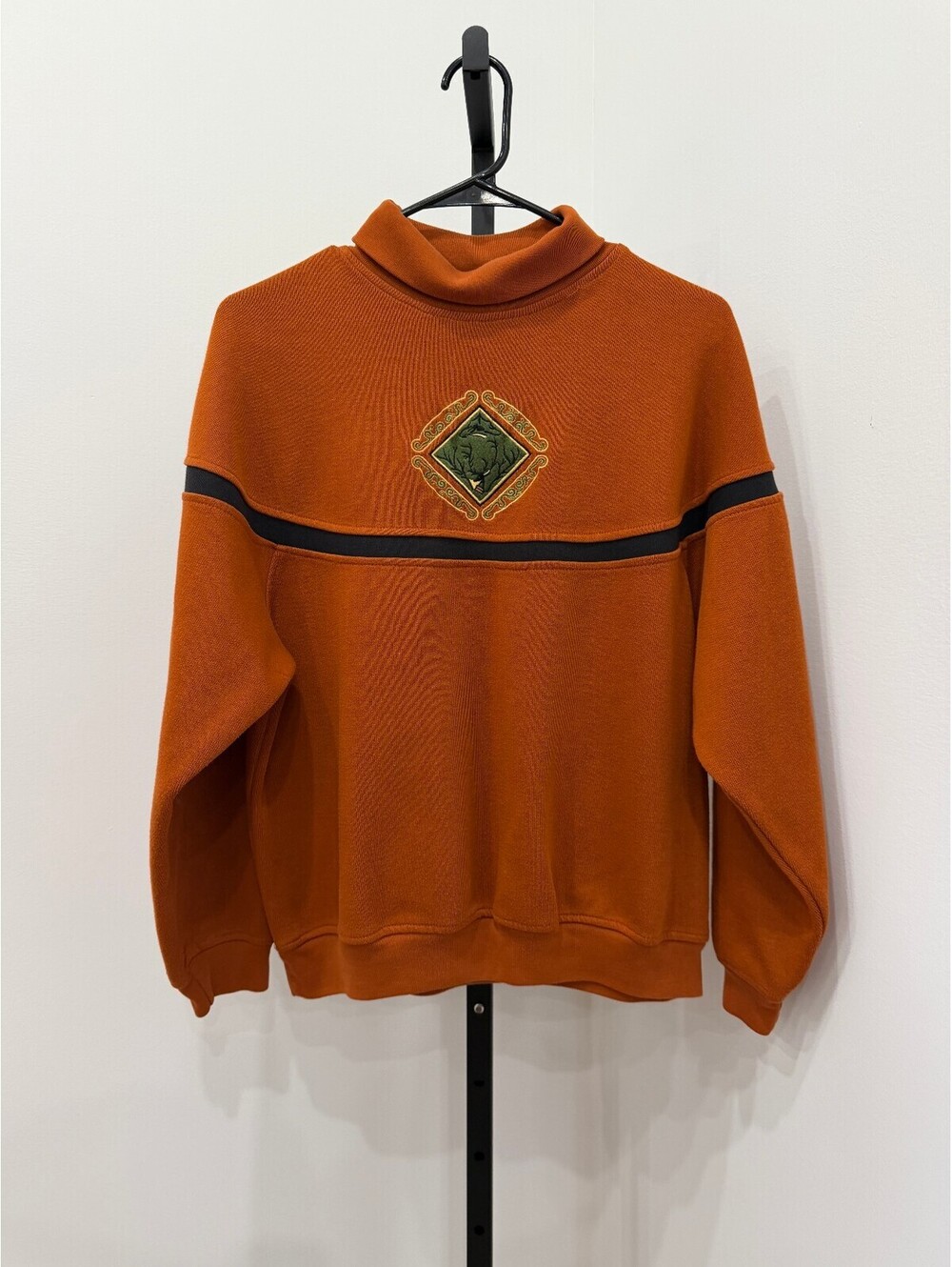 Vintage Orange Pullover Sweatshirt with Embroidered Patch and Turtleneck Large